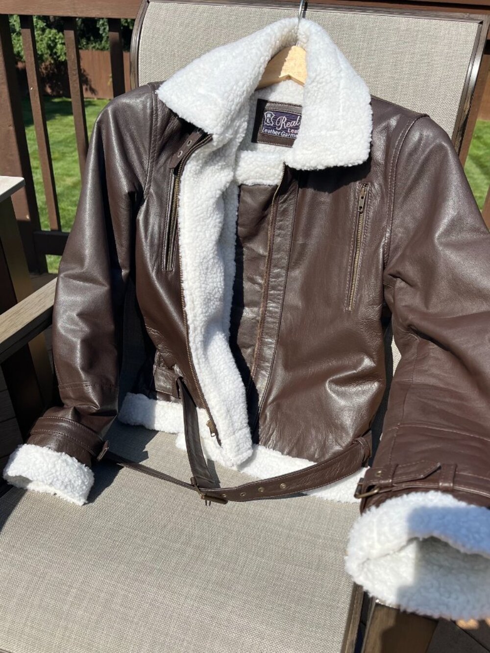 Women's Aviator Dark Brown Leather Shearling Bomber-Style Jacket  - (Size: M)